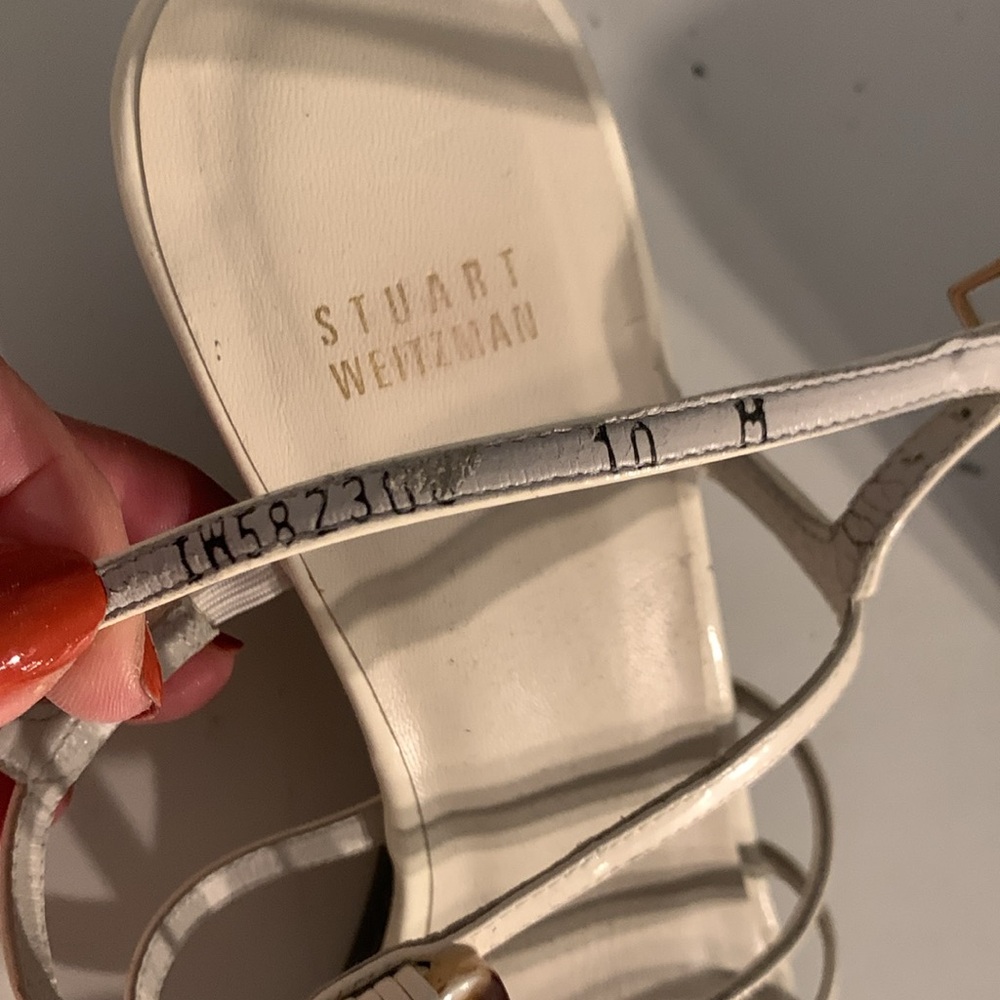 Stuart Weitzman white leather wedge sandals. Preowned-see pics. W/brown. Sz 10M - Picture 7 of 11